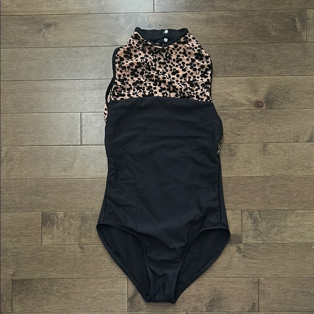 Wear Moi Black and Beige Floral High Neck Dance Leotard